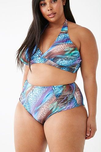 Forever21 Plus Size Abstract Animal Print Halter & Bikini Bottoms Set