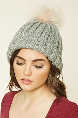 Forever21 Women's  Ribbed Knit Pom-pom Beanie