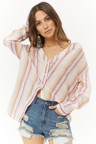 Forever21 Faded Multicolor Striped Open-shoulder Top