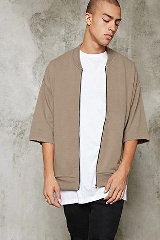 21 Men Men's  Taupe Raw-cut Boxy Zip-up Sweatshirt