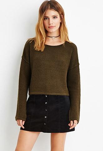 Love21 Women's Contemporary Brushed Knit Cropped Sweater (olive)