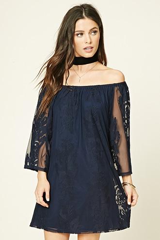 Forever21 Women's  Navy Embroidered Mesh Mini Dress