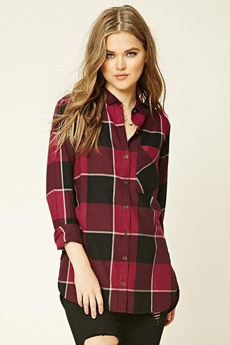 Forever21 Women's  Wine & Black Tartan Plaid Flannel Shirt