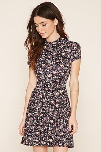 Forever21 Women's  Navy & Pink Floral Print Skater Dress