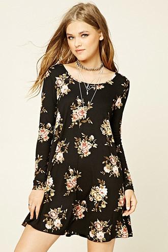 Forever21 Women's  Black & Pink Floral Print Swing Dress