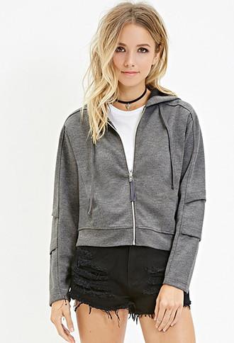Forever21 Women's  Zip-up Paneled Hoodie (charcoal)