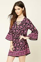Forever21 Women's  Black & Fuchsia Floral Print Bell-sleeved Dress