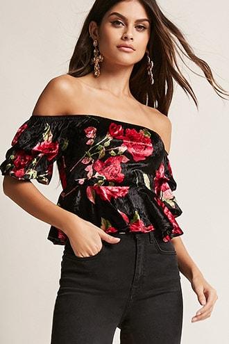 Forever21 Floral Velvet Off-the-shoulder Top
