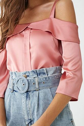 Forever21 Satin Open-shoulder Foldover Top