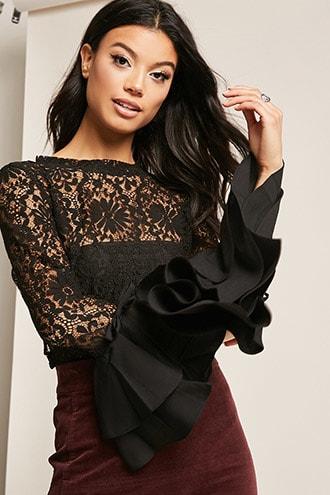 Forever21 Sheer Lace Trumpet-cuff Top