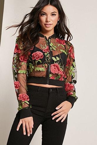 Forever21 Sheer Embroidered Bomber Jacket
