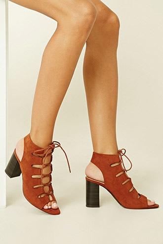 Forever21 Women's  Rust Lace-up Faux Suede Cutout Heels