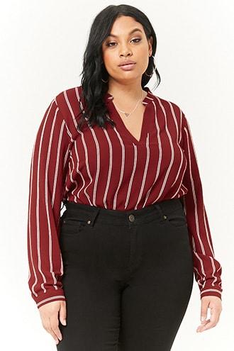 Forever21 Plus Size Striped Split-neck Top