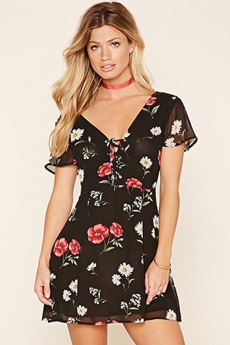Forever21 Women's  Black & Pink Floral Print Lace-up Dress