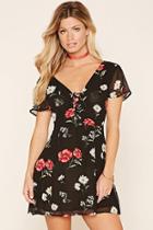 Forever21 Women's  Black & Pink Floral Print Lace-up Dress