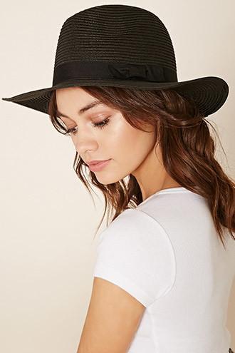 Forever21 Women's  Black Woven Straw Fedora