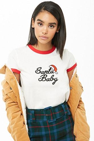 Forever21 Santa Baby Graphic Ringer Tee
