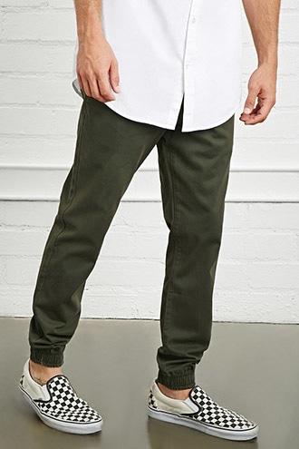 21 Men Men's  Olive Cotton Drawstring Joggers