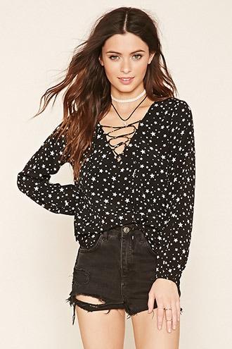 Forever21 Women's  Star Print Lace-up Blouse