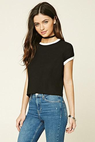 Forever21 Women's  Black & Cream Classic Ringer Tee