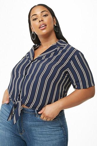 Forever21 Plus Size Striped Tie-hem Shirt