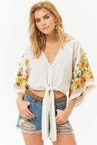 Forever21 Crepe Tie-front Floral-sleeve Crop Top