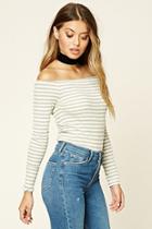 Forever21 Women's  Ivory & Grey Striped Off-the-shoulder Top