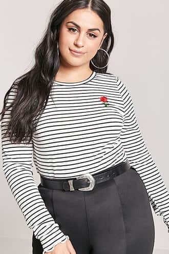 Forever21 Plus Size Stripe Rose Embroidered Top