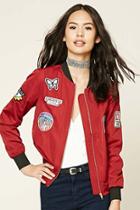 Forever21 Women's  Burgundy Route 66 Patched Bomber Jacket