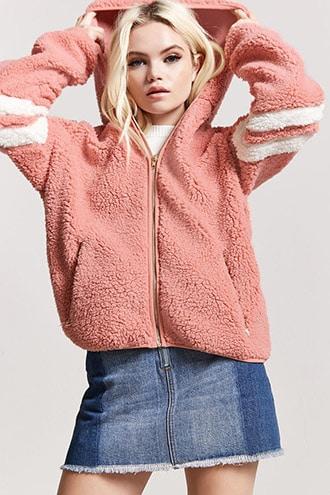 Forever21 Varsity Faux Shearling Hooded Jacket