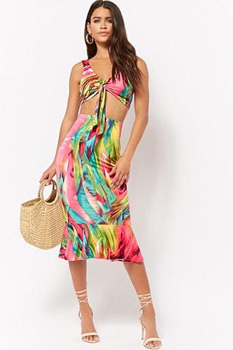 Forever21 Abstract Watercolor Crop Top & Fluted Skirt Set