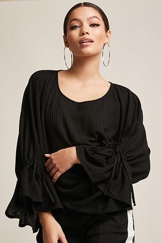Forever21 Waffle-knit Bell-sleeve Top