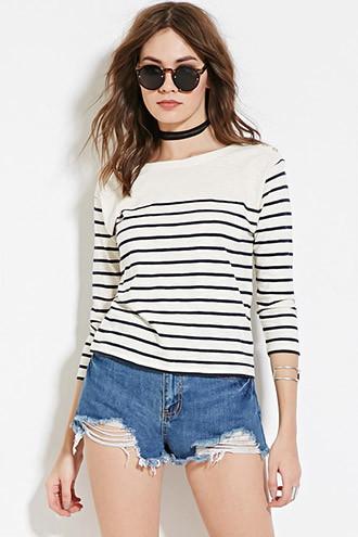 Forever21 Women's  Cream & Navy Button Striped Top