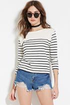 Forever21 Women's  Cream & Navy Button Striped Top