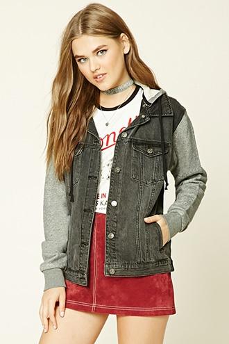 Forever21 Women's  Black & Grey Hooded Denim Jacket