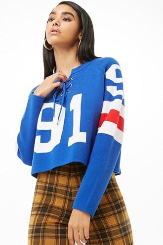 Forever21 Lace-up Varsity-striped Sweater