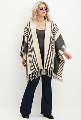 Forever21 Plus Women's  Plus Size Mixed Stripe Fringed Poncho