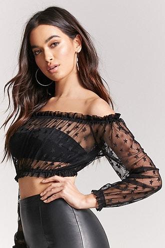 Forever21 Sheer Mesh Off-the-shoulder Crop Top