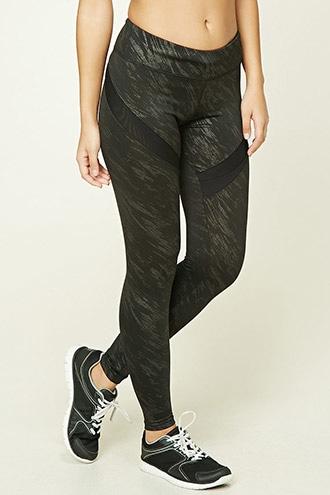 Forever21 Women's  Black & Silver Active Mesh-insert Leggings