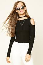 Forever21 Women's  Black Ribbed Open-shoulder Top