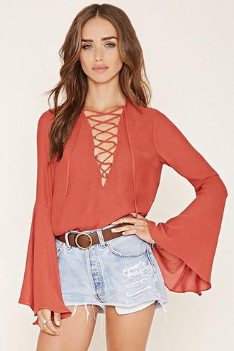 Forever21 Women's  Rust Lace-up Blouse