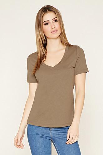 Forever21 Women's  Dark Olive V-neck Tee