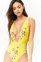 Forever21 Cherry Blossom Print Plunging One-piece Swimsuit