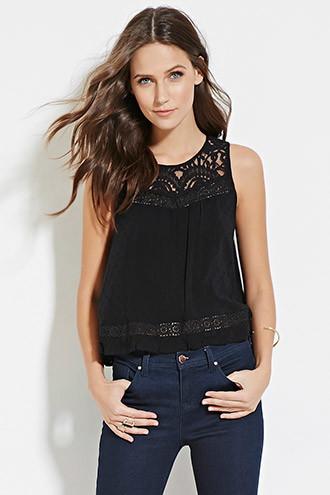 Forever21 Women's  Black Crochet Lace Top