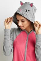 Forever21 Women's  Heather Grey & Pink Cat Graphic Pj Jumpsuit