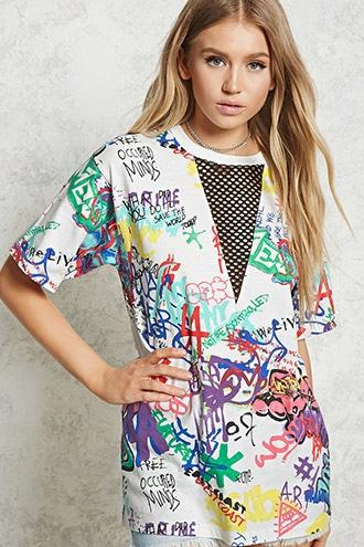 Forever21 Graffiti Print Net Panel Tee