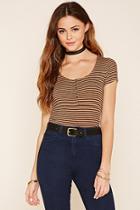 Forever21 Women's  Tan & Black Striped Ribbed Knit Top