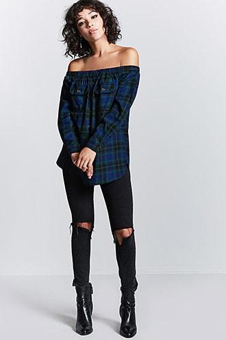 Forever21 Plaid Off-the-shoulder Top