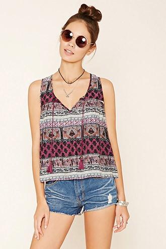 Forever21 Women's  Grey & Cream Abstract Print Tie-neck Top