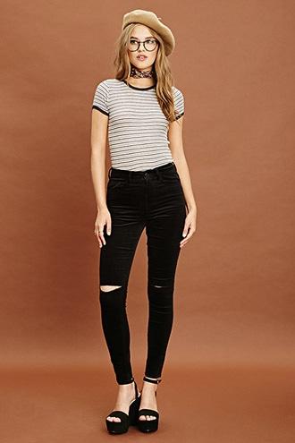 Forever21 Women's  Black Distressed Corduroy Pants